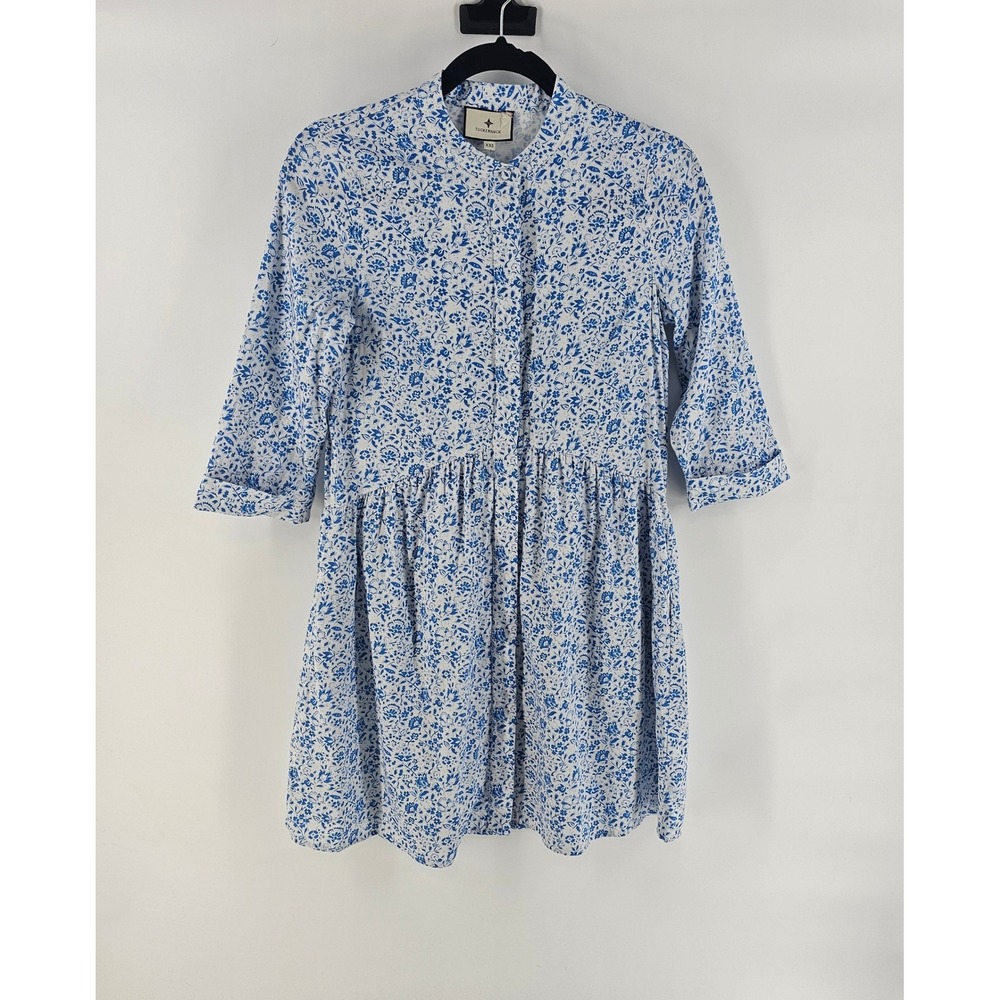 Tuckernuck Floral Shirt Dress XXS Blue White Babydoll Mini Cotton Toile Preppy